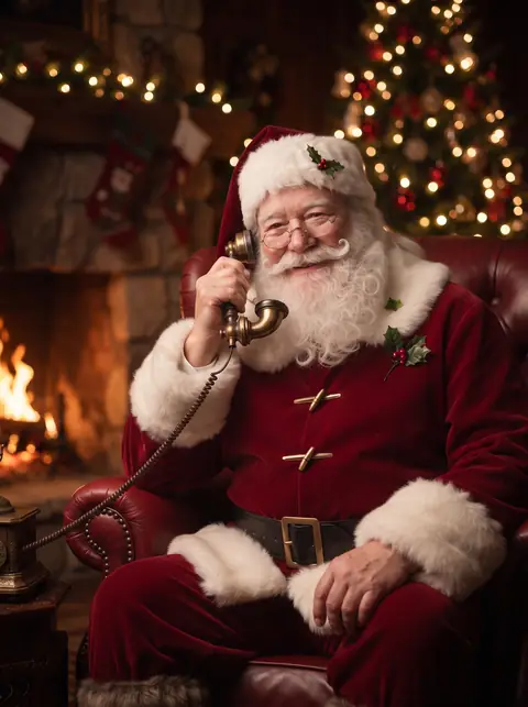 Santa in his red armchair by the fire, holding a brass telephone and smiling.